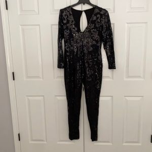 Black see through front sequin long romper xxl